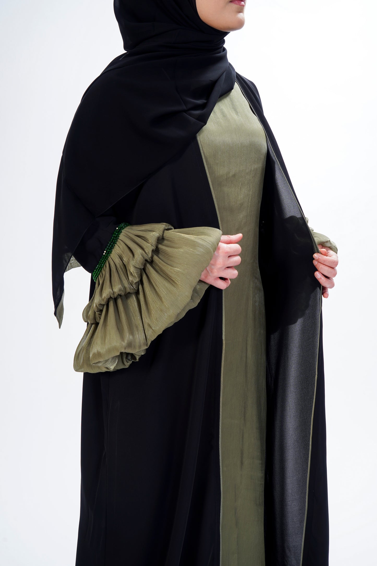 Khaki layered sleeve abaya
